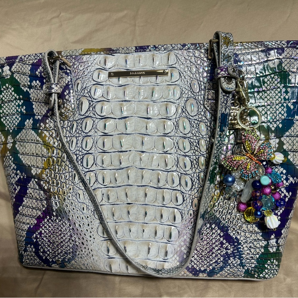Brahmin White and Multicolor Embossed Tote